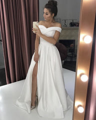 Long Satin Split Off Shoulder Dresses For Weddings