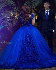 Royal Blue Ball Gown Wedding Dress Flowers Off Shoulder