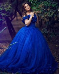 Royal Blue Ball Gown Wedding Dress Flowers Off Shoulder