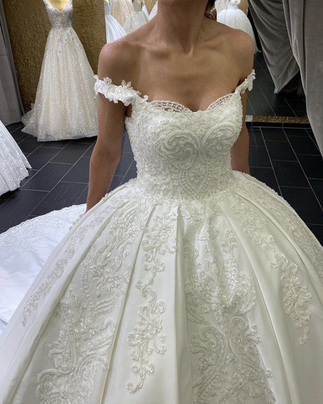 Satin Bridal Gown Embroidery Beaded Off The Shoulder