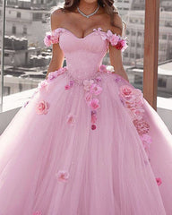 Blush Pink Wedding Dress Floral Flowers Ball Gown Off Shoulder