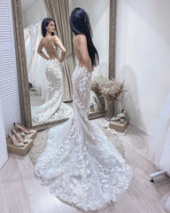 Boho Lace V Neck Mermaid Wedding Dress Open Back