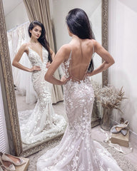 Boho Lace V Neck Mermaid Wedding Dress Open Back