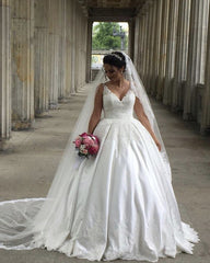 V Neck Low Back Wedding Dress Satin Ball Gown Appliques