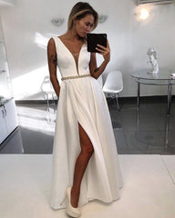 Satin Split Wedding Dress Plunge Neck Beaded Sashes
