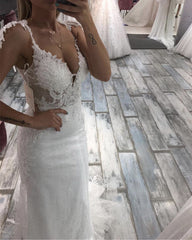 Mermaid Wedding Dress Square Sequins Tulle Lace V Neck