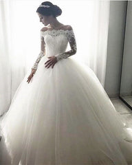 Tulle Wedding Dress Sheer Lace Sleeves Ball Gown Off Shoulder