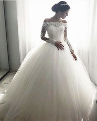 Tulle Wedding Dress Sheer Lace Sleeves Ball Gown Off Shoulder