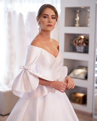 Puffy Sleeves Wedding Dress Satin Off Shoulder