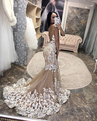Tulle Backless Mermaid Wedding Dress Lace Ivory