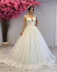 Cap Sleeves Wedding Dress Lace Appliques Ball Gown