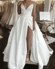 Sexy V Neck Split Wedding Beach Dresses