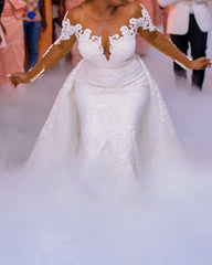 Lace Mermaid Wedding Dress Illusion Neck Long Sleeves
