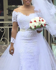 Long Sleeves Lace Mermaid Wedding Dress Detachable Skirt