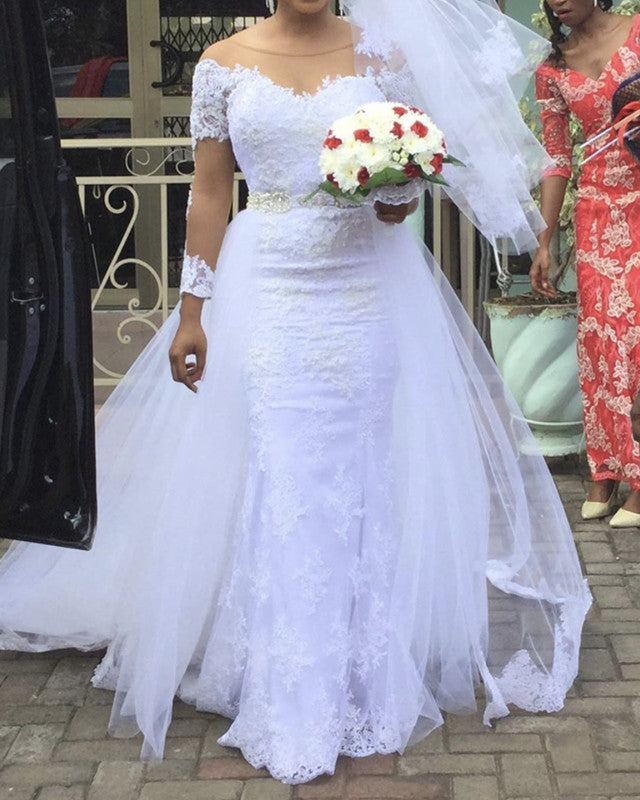 Long Sleeves Lace Mermaid Wedding Dress Detachable Skirt