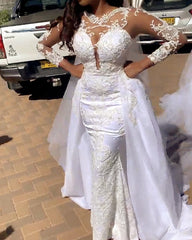 Lace Sleeved Wedding Dress Mermaid Removable Skirt