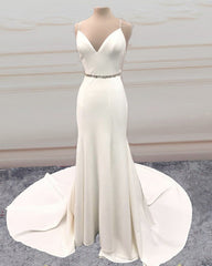Mermaid V Neck Sweep Train Wedding Dress Bow Sashes