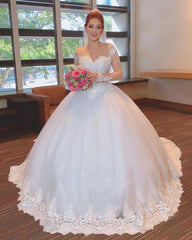 Sheer Neck Wedding Dress Beaded Long Sleeves