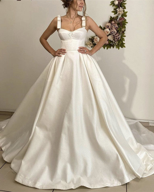 Ball Gown Satin Corset Wedding Dress Sweetheart Bow Straps