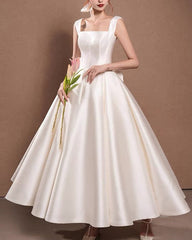 Ball Gown Midi Wedding Satin Dress With Bow