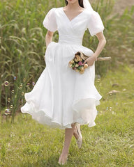 White Puffy Sleeve Organza Wedding Tea Length Dress
