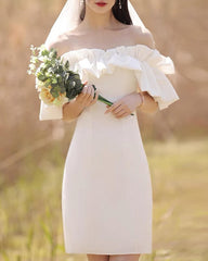 White Off The Shoulder Ruffles Neckline Dress