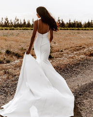 Chapel Train Mermaid Wedding Dress Satin Spaghetti Straps