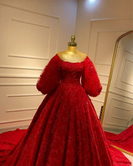Red Lace Puffy Sleeve Ball Gown Dress
