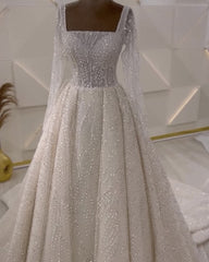 Sparkly Square Neck Long Sleeve Wedding Dress