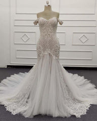 Mermaid Ivory Lace Embroidery Tulle Wedding Dress
