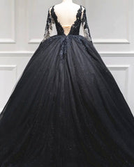 Black Tulle Sheer Neck Appliques Ball Gown Dress