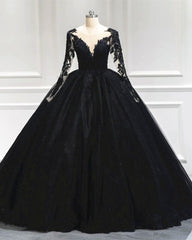 Black Tulle Sheer Neck Appliques Ball Gown Dress