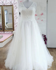 Plus Size Princess V-neck Wedding Dress Lace Embroidery