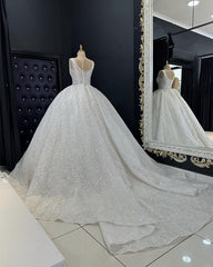 Ivory V-neck Sparkly Wedding Ball Gown Dress