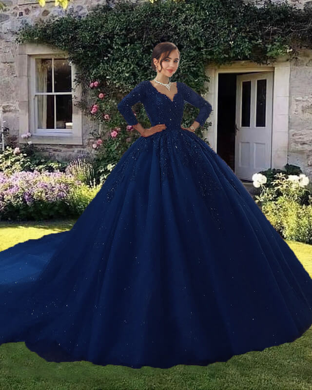 Navy Blue V Neck Wedding Dress With 3/4 Sleeves