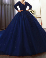 Navy Blue V Neck Wedding Dress With 3/4 Sleeves