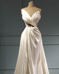 Pleated V Neck High Slit Satin Wedding Dress