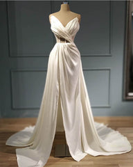 Pleated V Neck High Slit Satin Wedding Dress