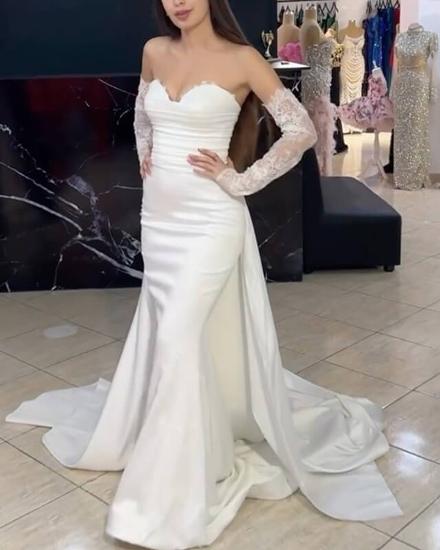 Mermaid Strapless Satin Wedding Dress With Sleeves