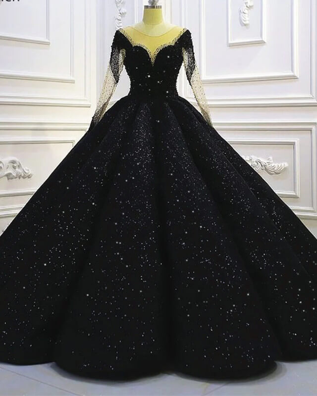 Black Sparkly Long Sleeve Wedding Ball Gown Dress