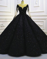 Black Sparkly Long Sleeve Wedding Ball Gown Dress