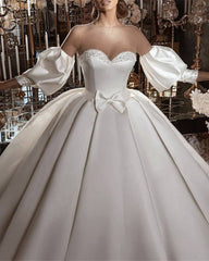 Puffy Sleeves Satin Wedding Ball Gown With Sheer Neckline