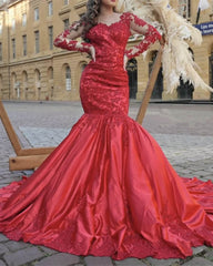 Mermaid Red Satin Dress Lace Long Sleeve