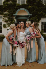 Wedding Dress For Guest/Elegant Sheath Halter Dusty Grey Blue Long Bridesmaid Dresses/Formal Wear Dresses