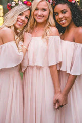 Wedding Dress For Guest/Off-the-shoulder Pastel Pink Ruffles Long Chiffon Bridesmaid Gowns Floor-length Prom Dresses/Formal Wear Dresses