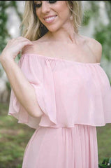 Wedding Dress For Guest/Off-the-shoulder Pastel Pink Ruffles Long Chiffon Bridesmaid Gowns Floor-length Prom Dresses/Formal Wear Dresses