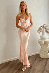 Wedding Dress For Guest/Simple Sheath Keyhole Neck Tie-Back Blush Silk Satin Maxi Dress Bridesmaid Dresses/Formal Wear Dresses