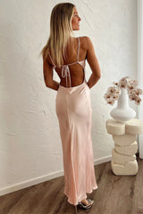 Wedding Dress For Guest/Simple Sheath Keyhole Neck Tie-Back Blush Silk Satin Maxi Dress Bridesmaid Dresses/Formal Wear Dresses