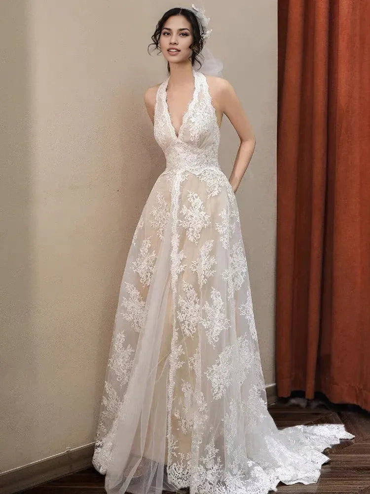 Weitese Formal Women's Dresses V Neck A Line Lace Wedding Dress Formal Prom Dress No Veil Prom Dresses Stores
