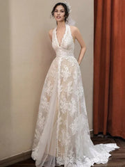Weitese Formal Women's Dresses V Neck A Line Lace Wedding Dress Formal Prom Dress No Veil Prom Dresses Stores
